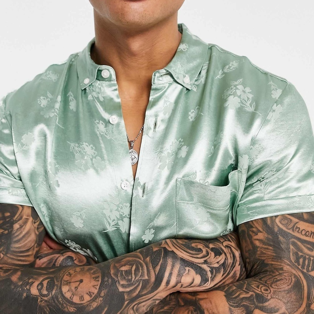 ASOS DESIGN button down shirt in mint green | satin jacquard | M | NEW - Picture 8 of 8
